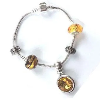 Adult's 'November Birthstone' Topaz Colored Crystal Silver Plated Charm Bead Bracelet