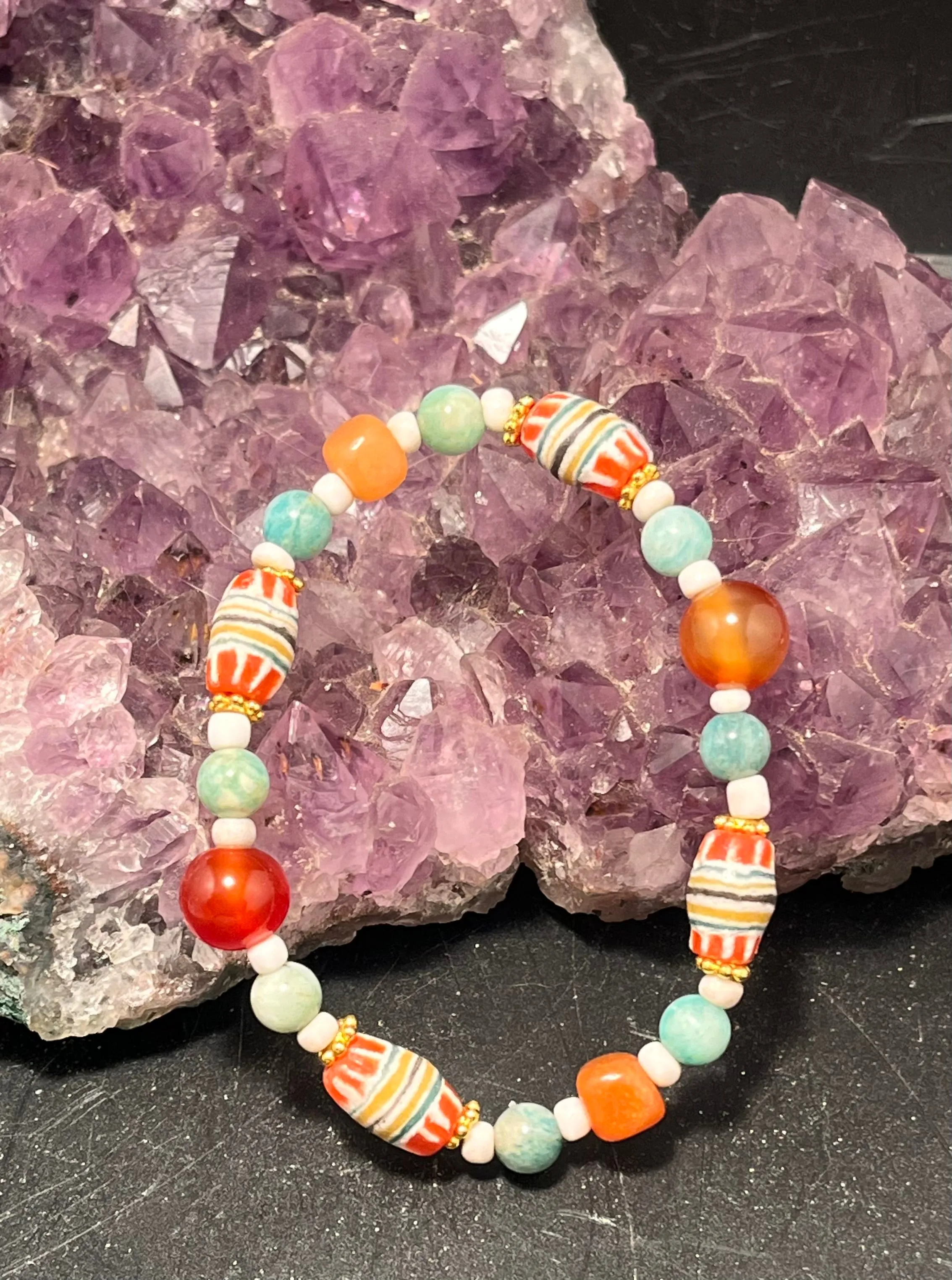 African Beads, Amazonite, Carnelian and Red Orange Aventurine Stretchy Bracelet