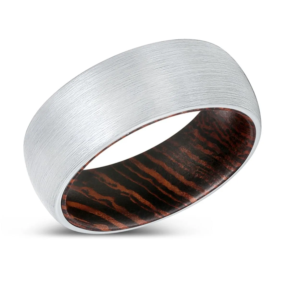 AMBITION | Wenge Wood, White Tungsten Ring, Brushed, Domed