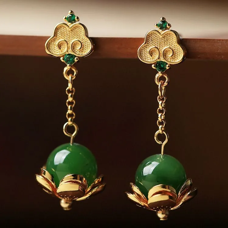 Ancient Style Golden Wishes Hetian Jade Earrings