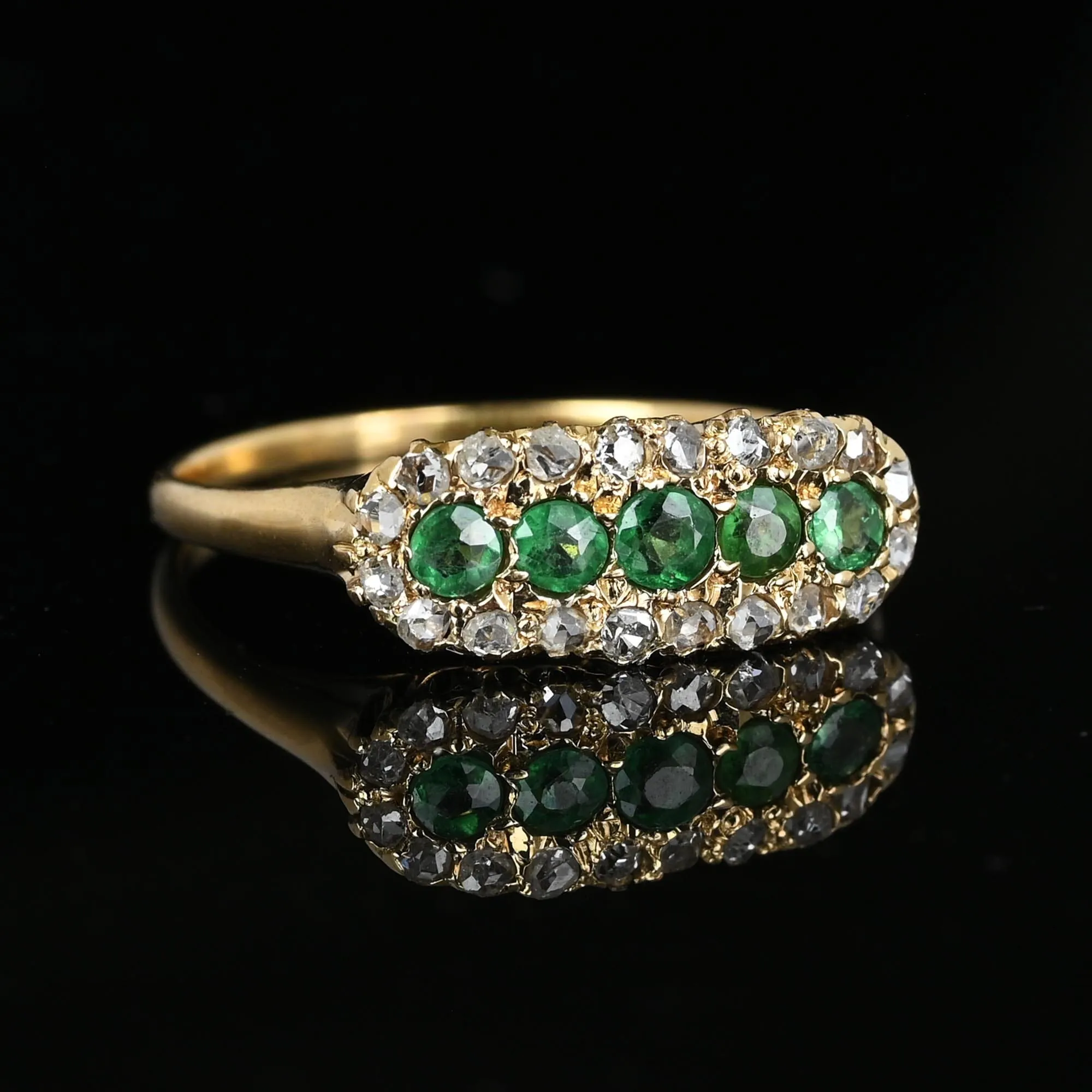 Antique 14K Gold Rose Cut Diamond Halo Emerald Ring, East West