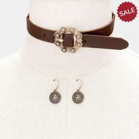 Antique Brown & Gold Buckle Choker & Earring Set