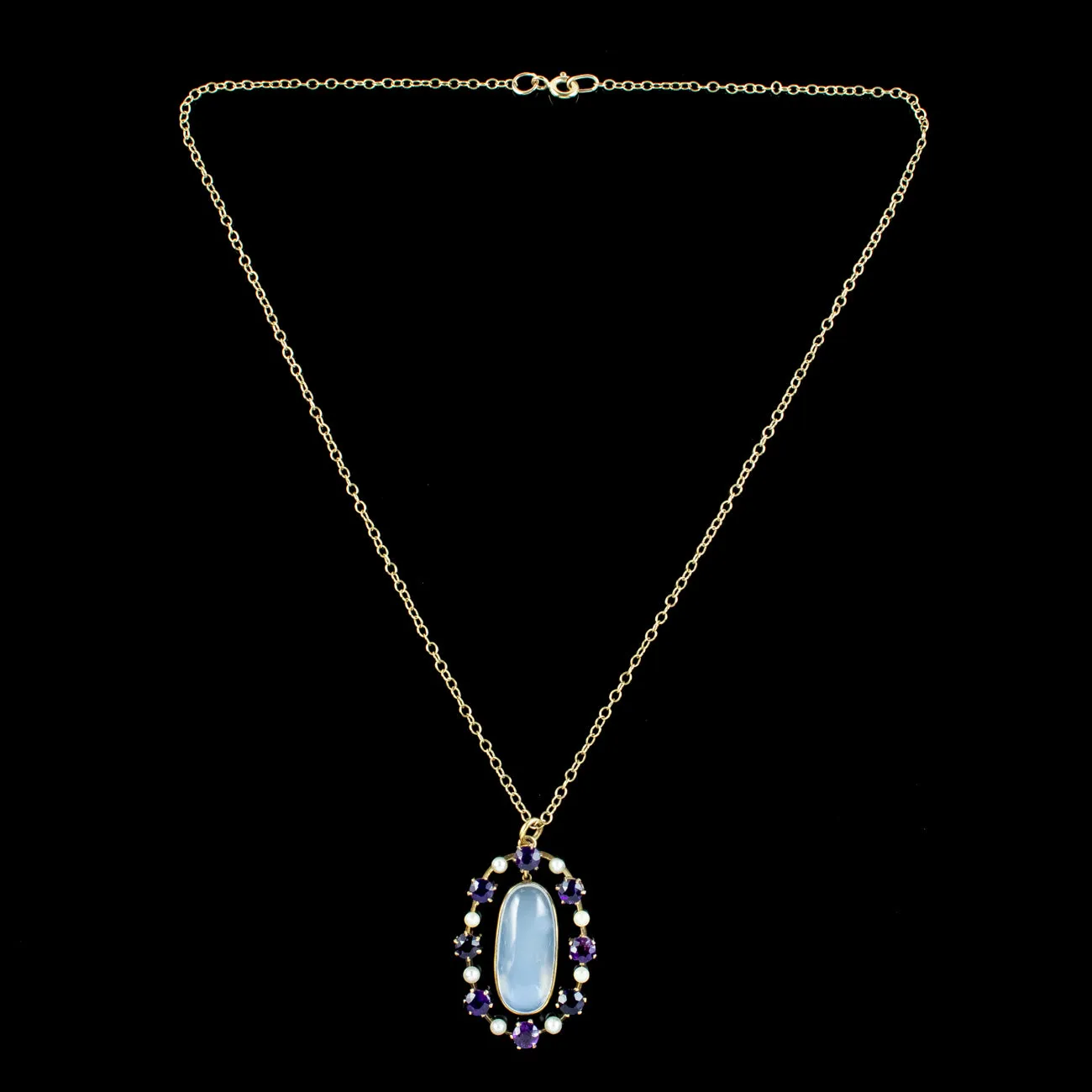 Antique Edwardian Moonstone Amethyst Pearl Pendant Necklace 15ct gold