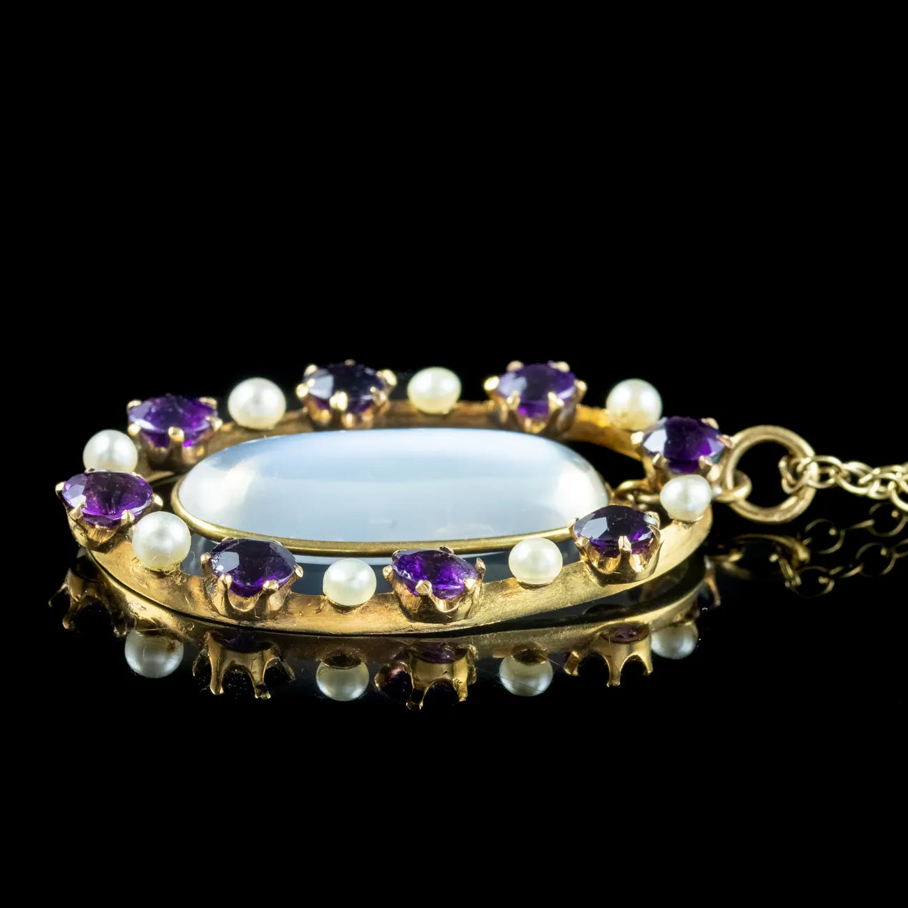 Antique Edwardian Moonstone Amethyst Pearl Pendant Necklace 15ct gold