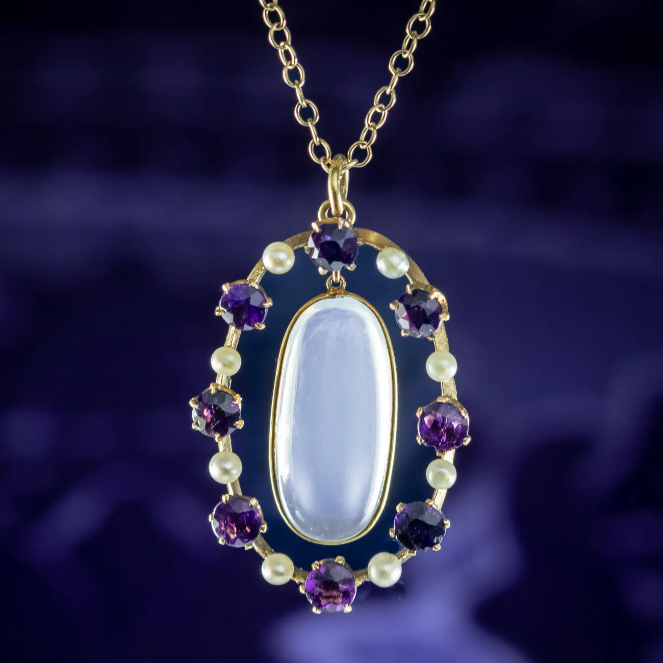 Antique Edwardian Moonstone Amethyst Pearl Pendant Necklace 15ct gold