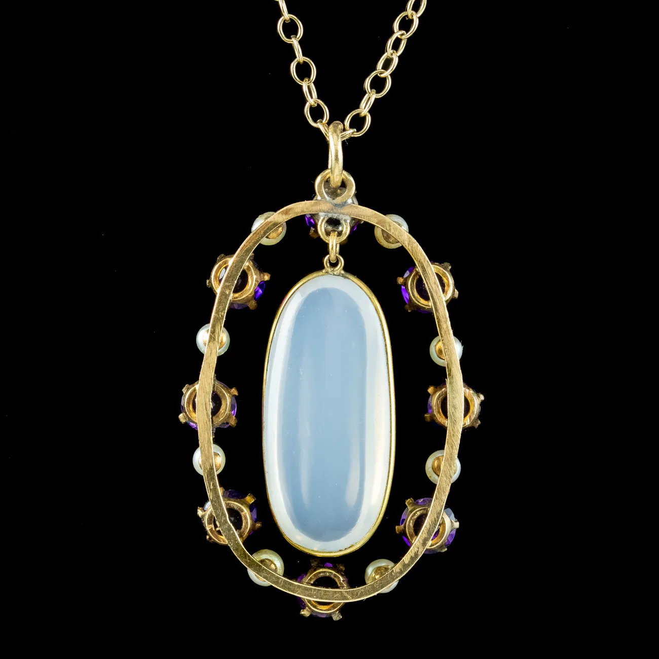 Antique Edwardian Moonstone Amethyst Pearl Pendant Necklace 15ct gold