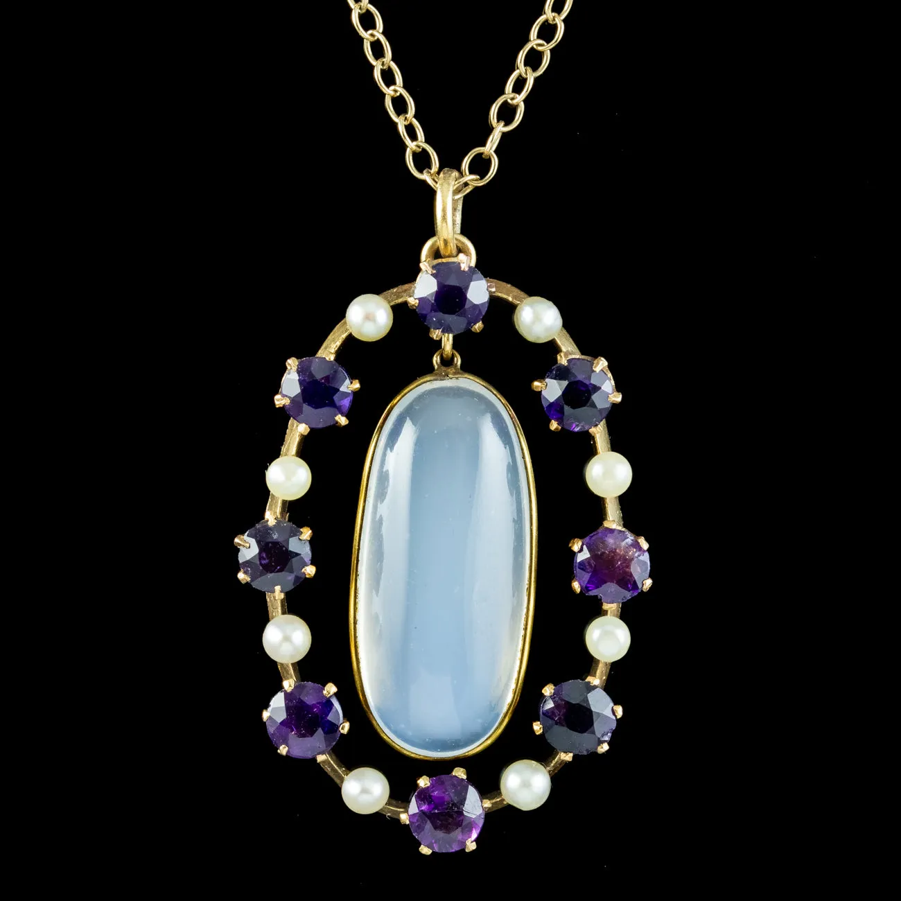 Antique Edwardian Moonstone Amethyst Pearl Pendant Necklace 15ct gold