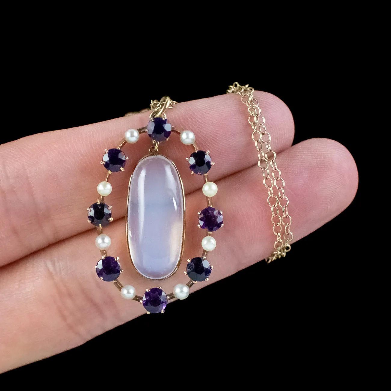 Antique Edwardian Moonstone Amethyst Pearl Pendant Necklace 15ct gold