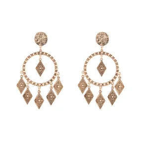 Antique Gold Textured Diamante Circle Earrings