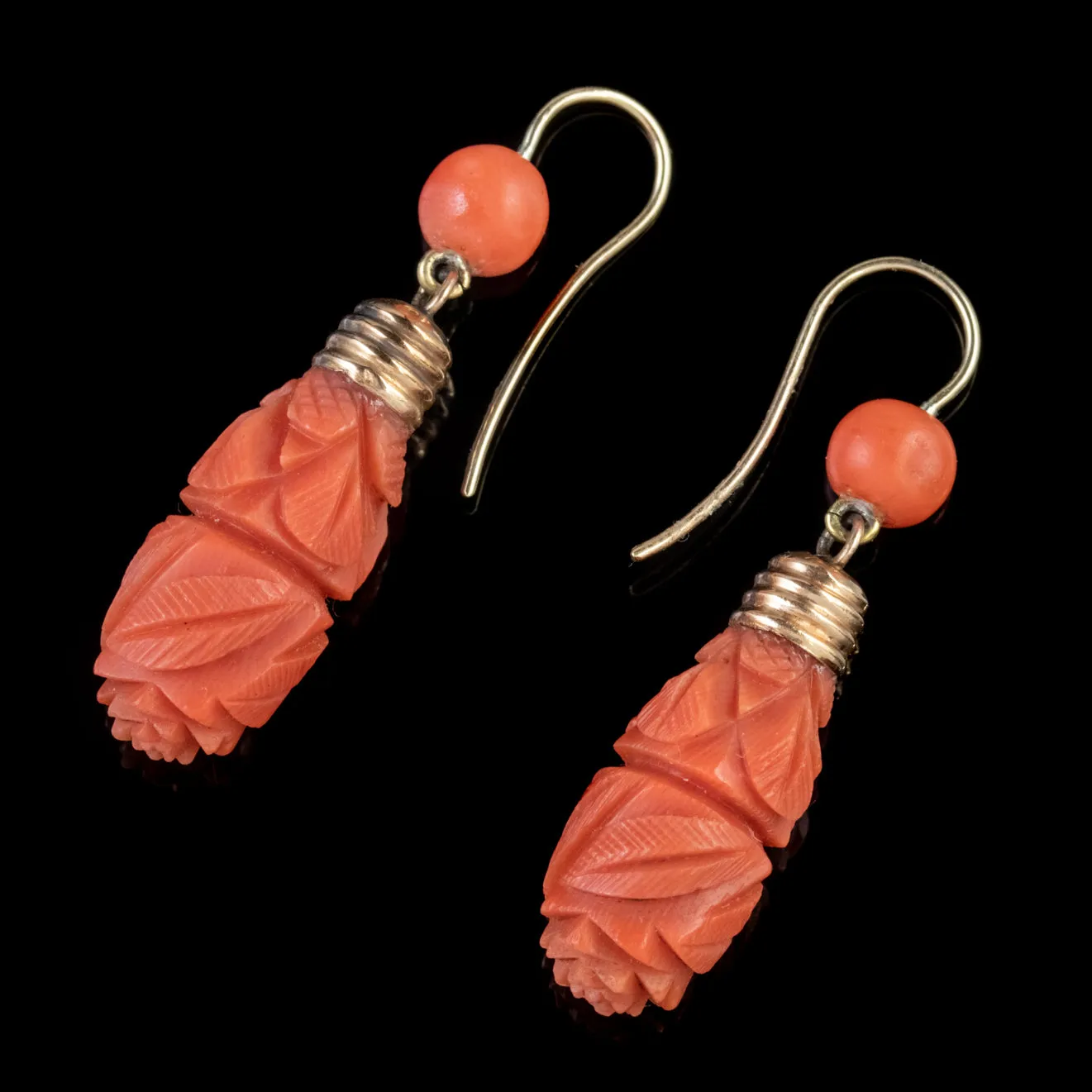 Antique Victorian Floral Coral Drop Earrings 15Ct Gold Circa 1900