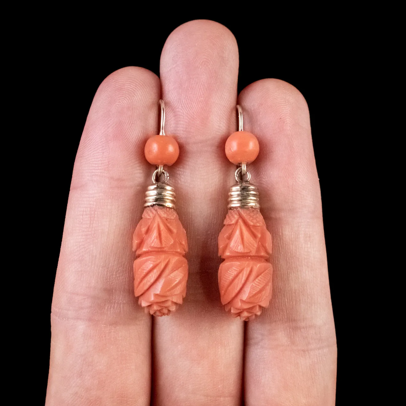 Antique Victorian Floral Coral Drop Earrings 15Ct Gold Circa 1900