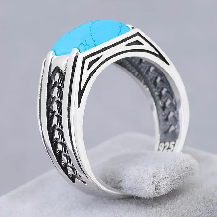 Arrow Pattern Sterling Silver Ring for Men Turquoise Stone