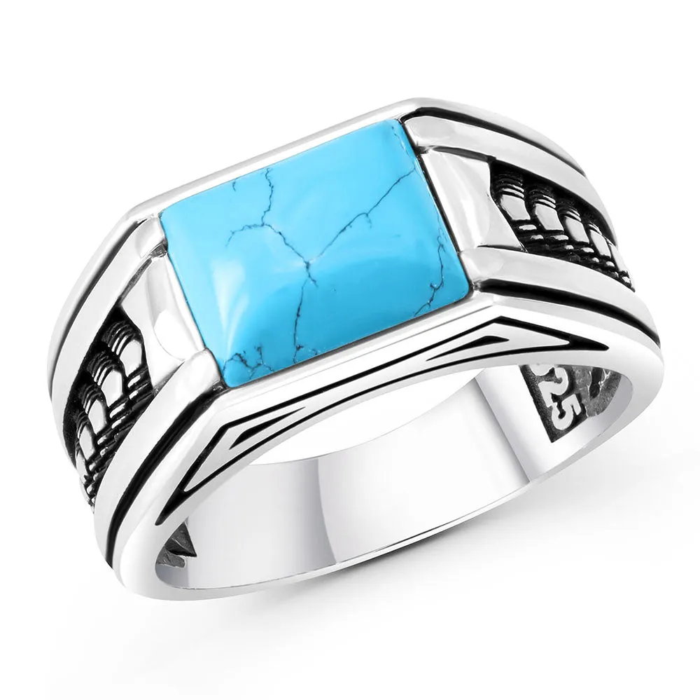 Arrow Pattern Sterling Silver Ring for Men Turquoise Stone