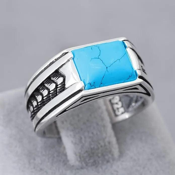 Arrow Pattern Sterling Silver Ring for Men Turquoise Stone