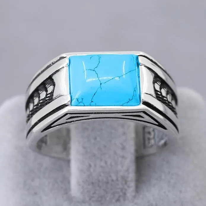 Arrow Pattern Sterling Silver Ring for Men Turquoise Stone