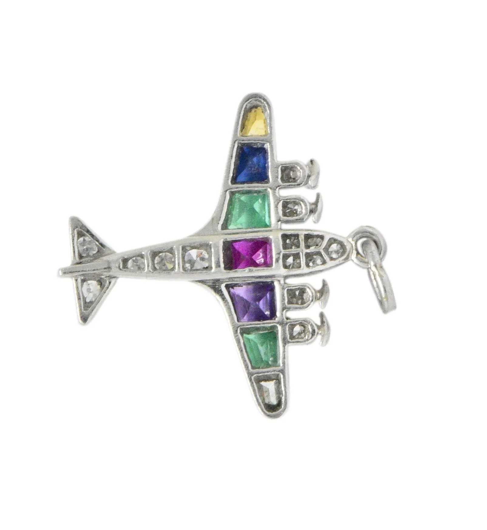 Art Deco 0.60 CTW Diamond Multi-Gemstone 'DEAREST' Platinum Airplane Pendant