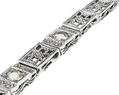 Art Deco Filigree Straightline Blue Topaz Bracelet in Sterling Silver