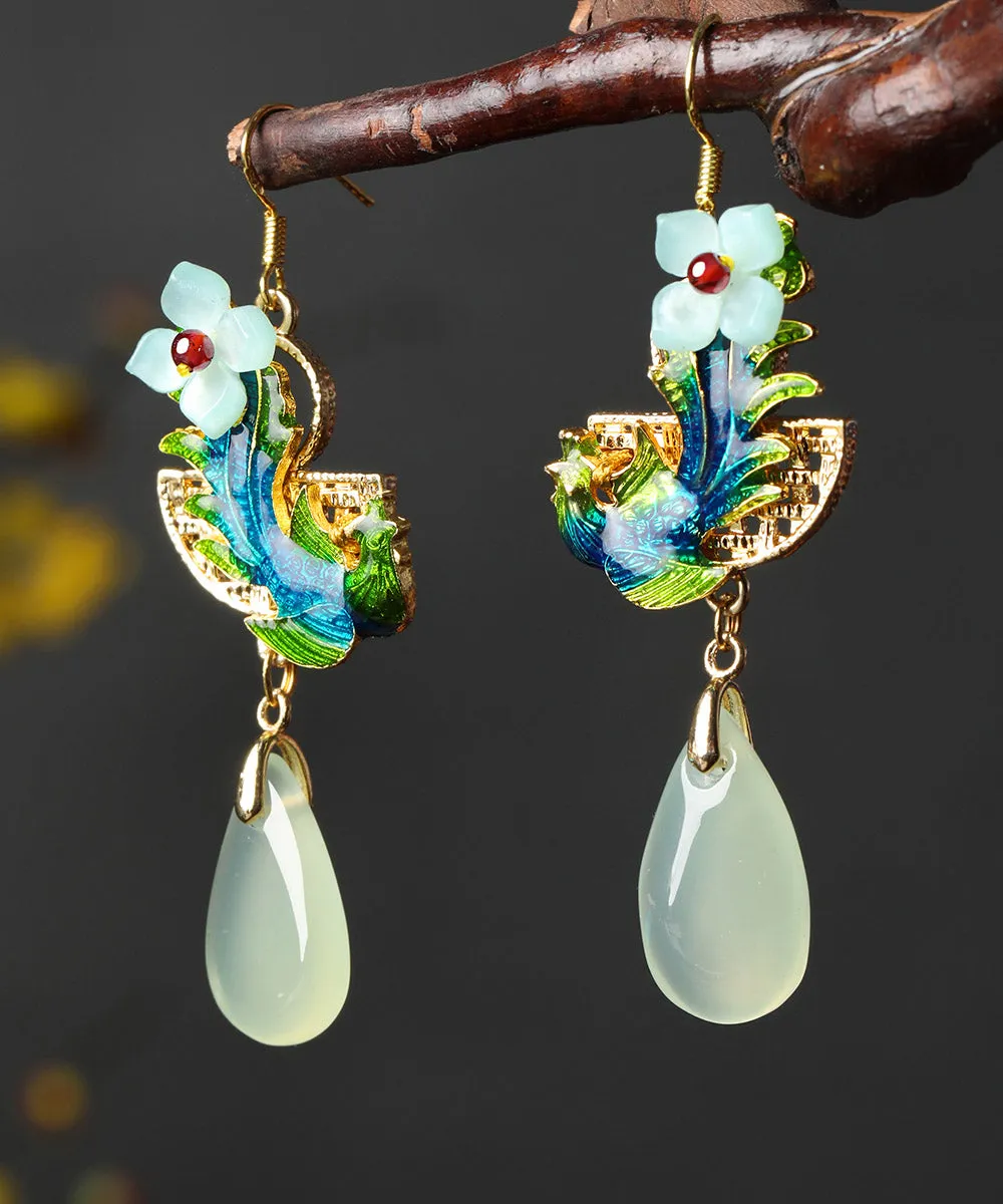 Art Light Green Jade Cloisonne Gem Stone Floral Drip Drop Earrings LY2204