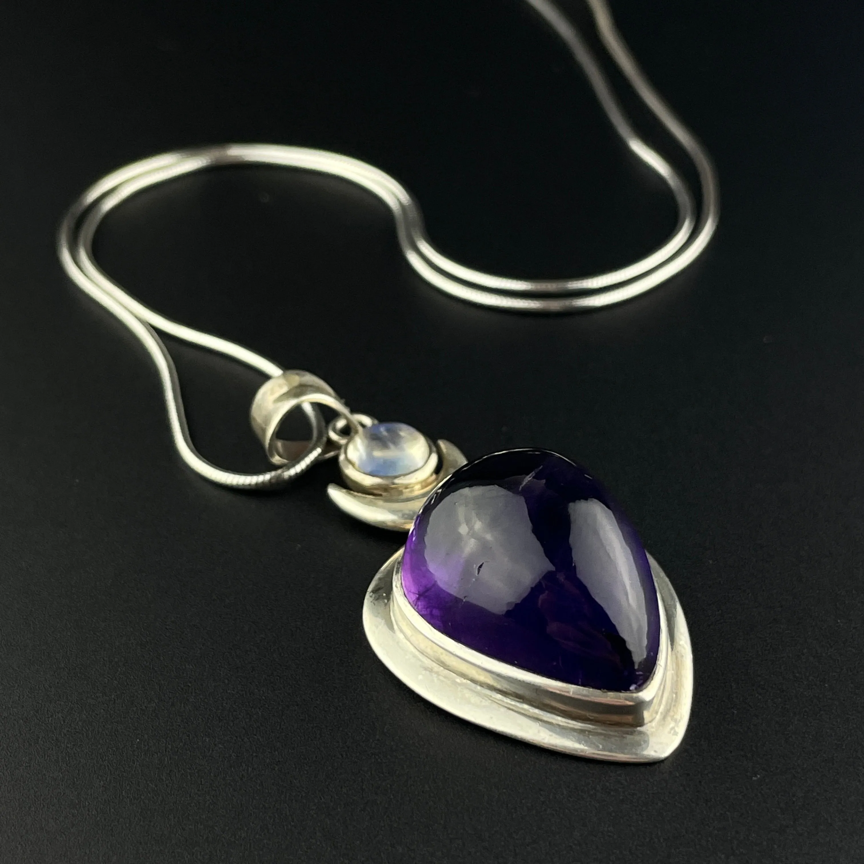 Arts and Crafts Style Amethyst Moonstone Silver Pendant Necklace