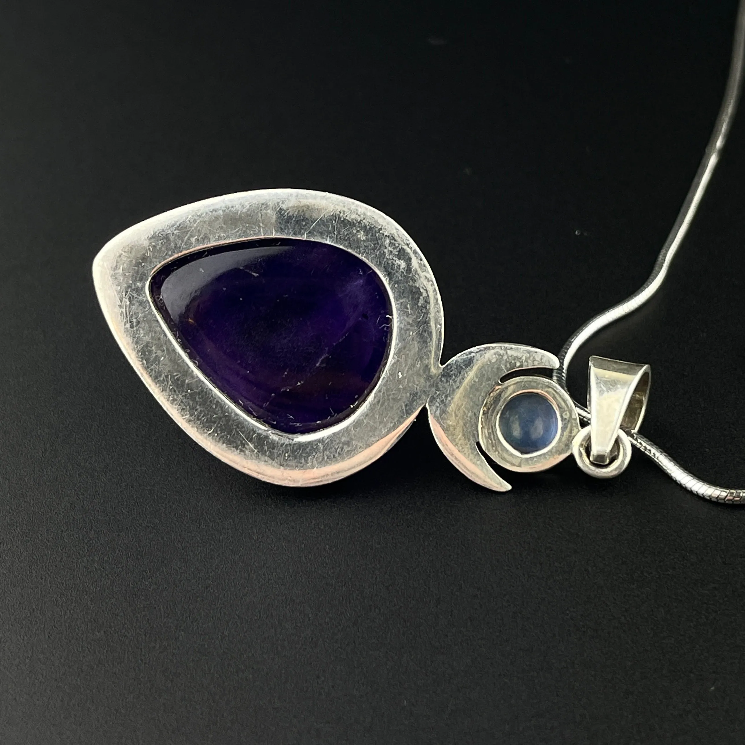 Arts and Crafts Style Amethyst Moonstone Silver Pendant Necklace