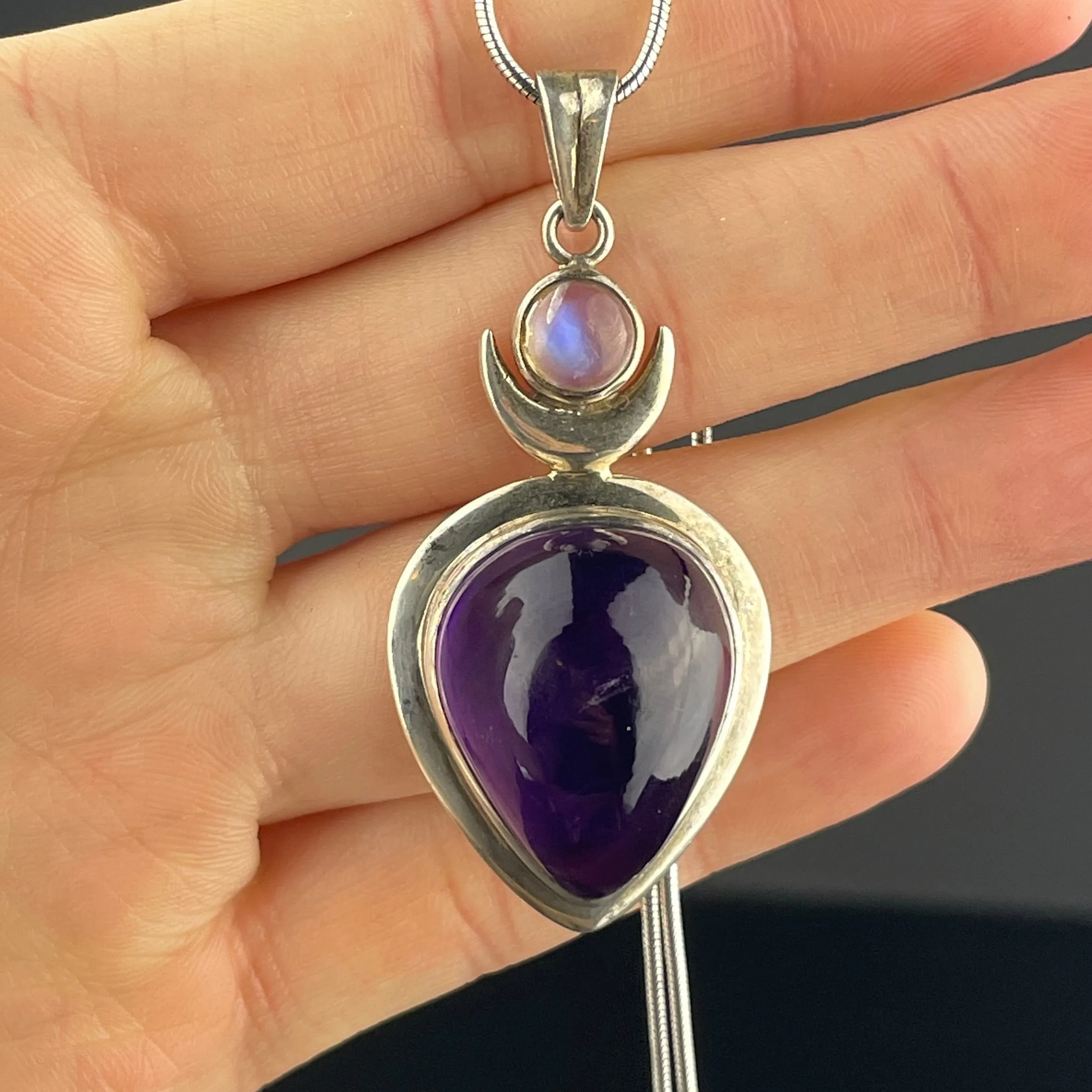 Arts and Crafts Style Amethyst Moonstone Silver Pendant Necklace