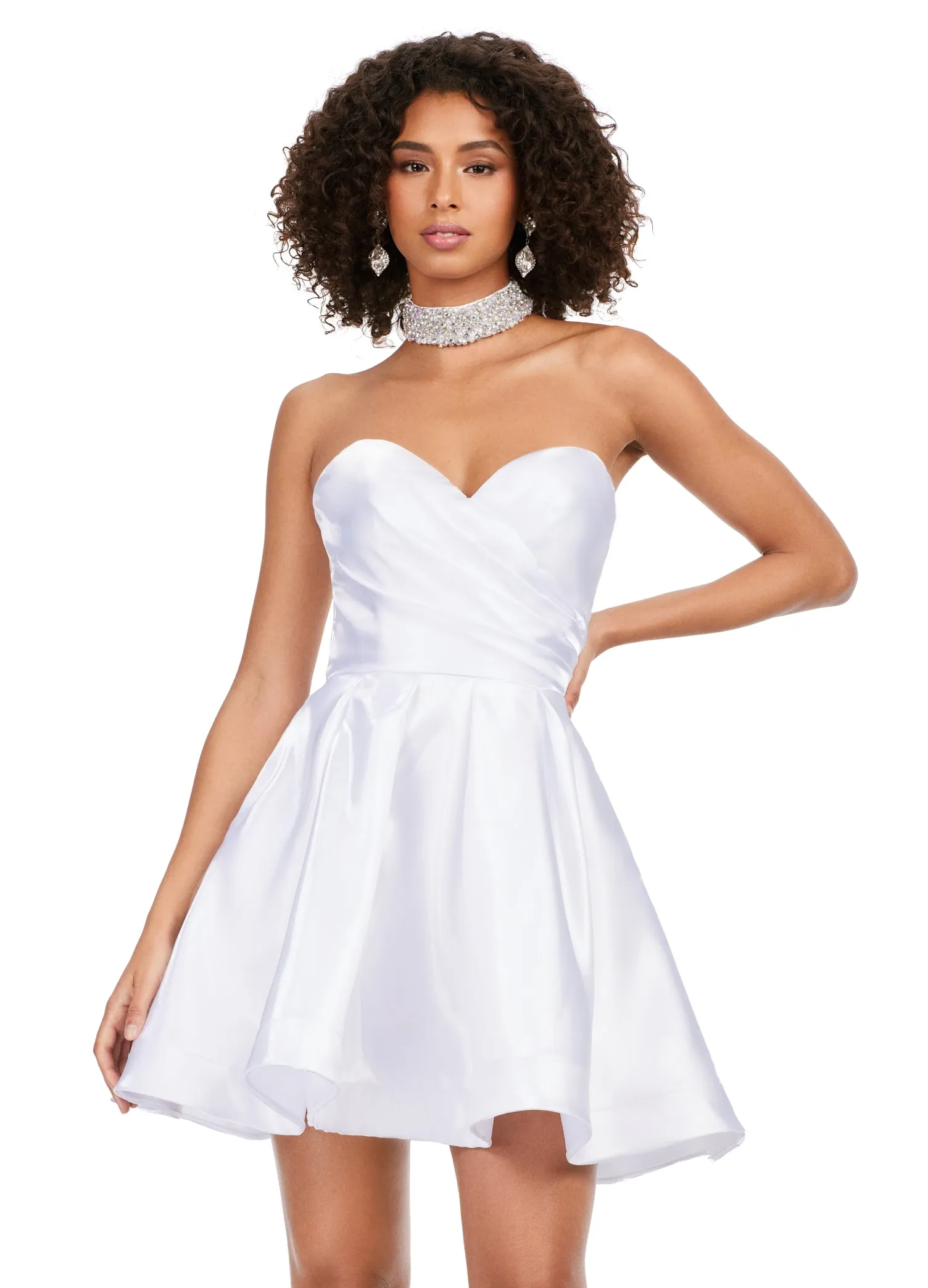 Ashley Lauren 4644 Strapless Satin A-Line Skirt Fully Beaded Choker Cocktail Homecoming Dress