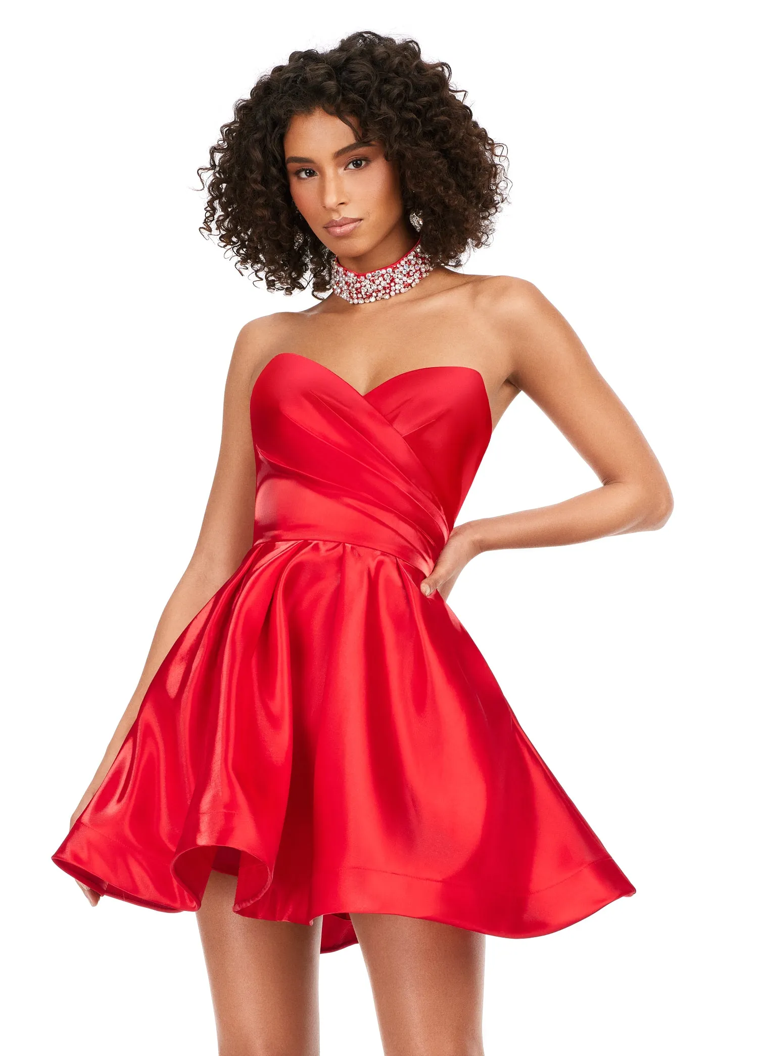 Ashley Lauren 4644 Strapless Satin A-Line Skirt Fully Beaded Choker Cocktail Homecoming Dress