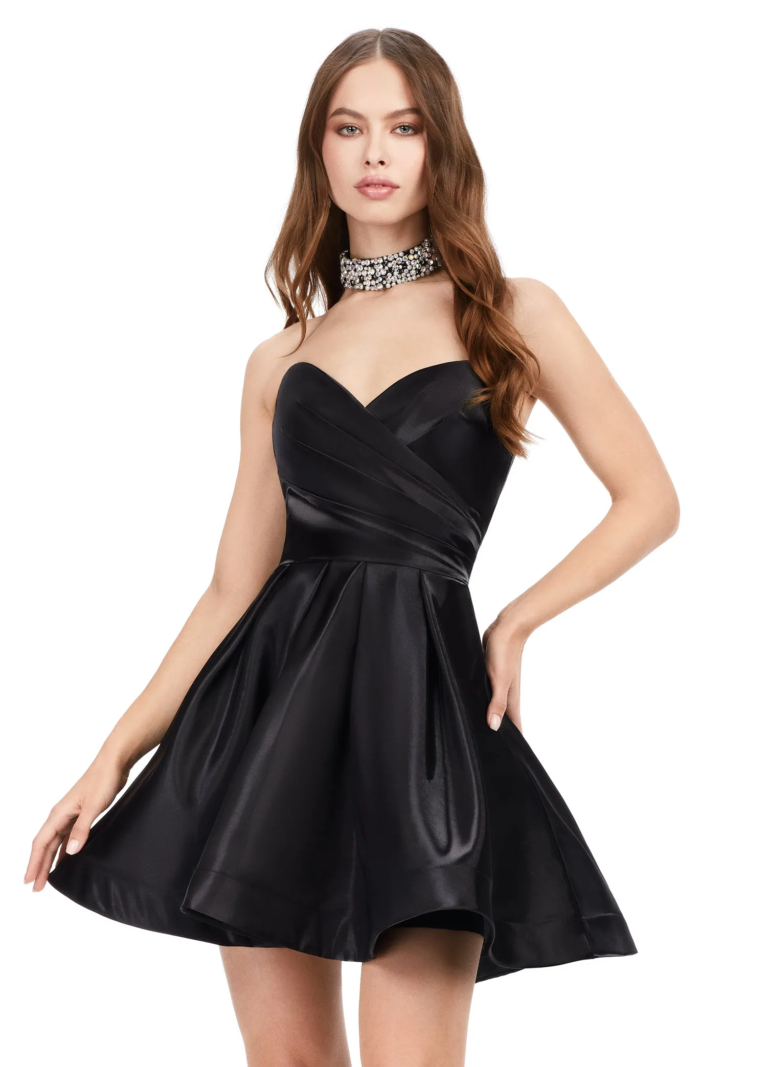 Ashley Lauren 4644 Strapless Satin A-Line Skirt Fully Beaded Choker Cocktail Homecoming Dress