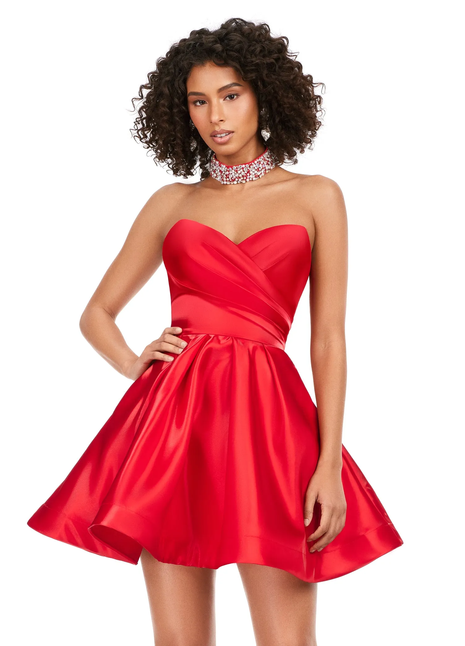 Ashley Lauren 4644 Strapless Satin A-Line Skirt Fully Beaded Choker Cocktail Homecoming Dress