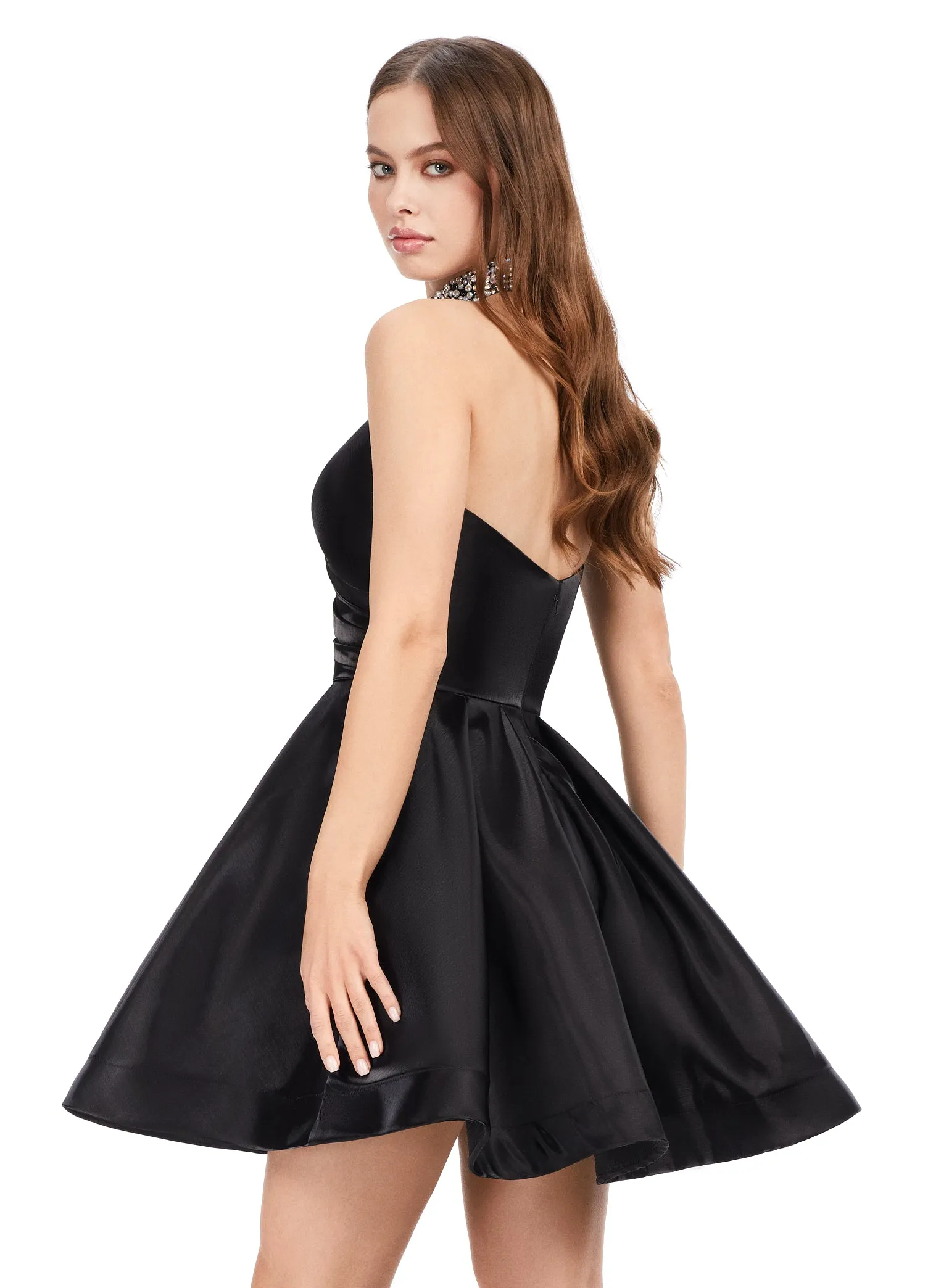 Ashley Lauren 4644 Strapless Satin A-Line Skirt Fully Beaded Choker Cocktail Homecoming Dress