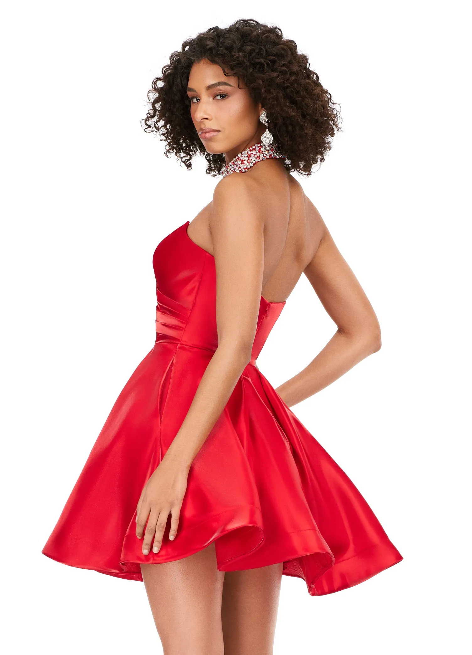 Ashley Lauren 4644 Strapless Satin A-Line Skirt Fully Beaded Choker Cocktail Homecoming Dress