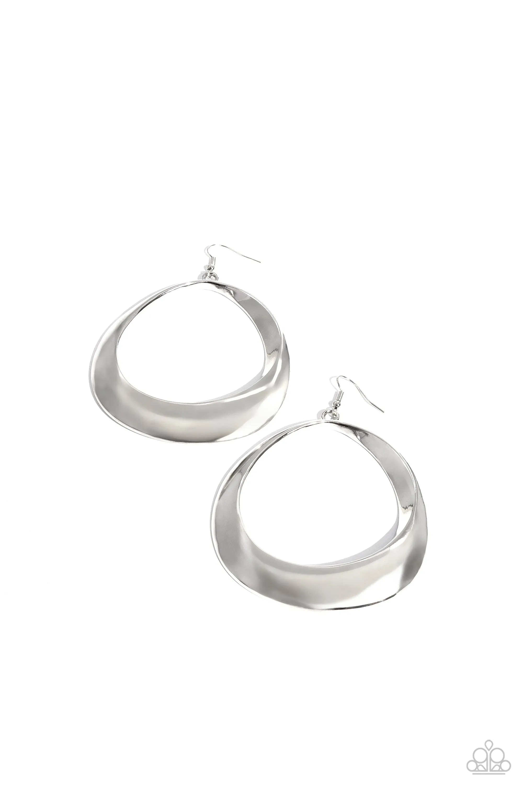 Asymmetrical Action - Silver - Oversized Warped Hoop Paparazzi Fishhook Earrings