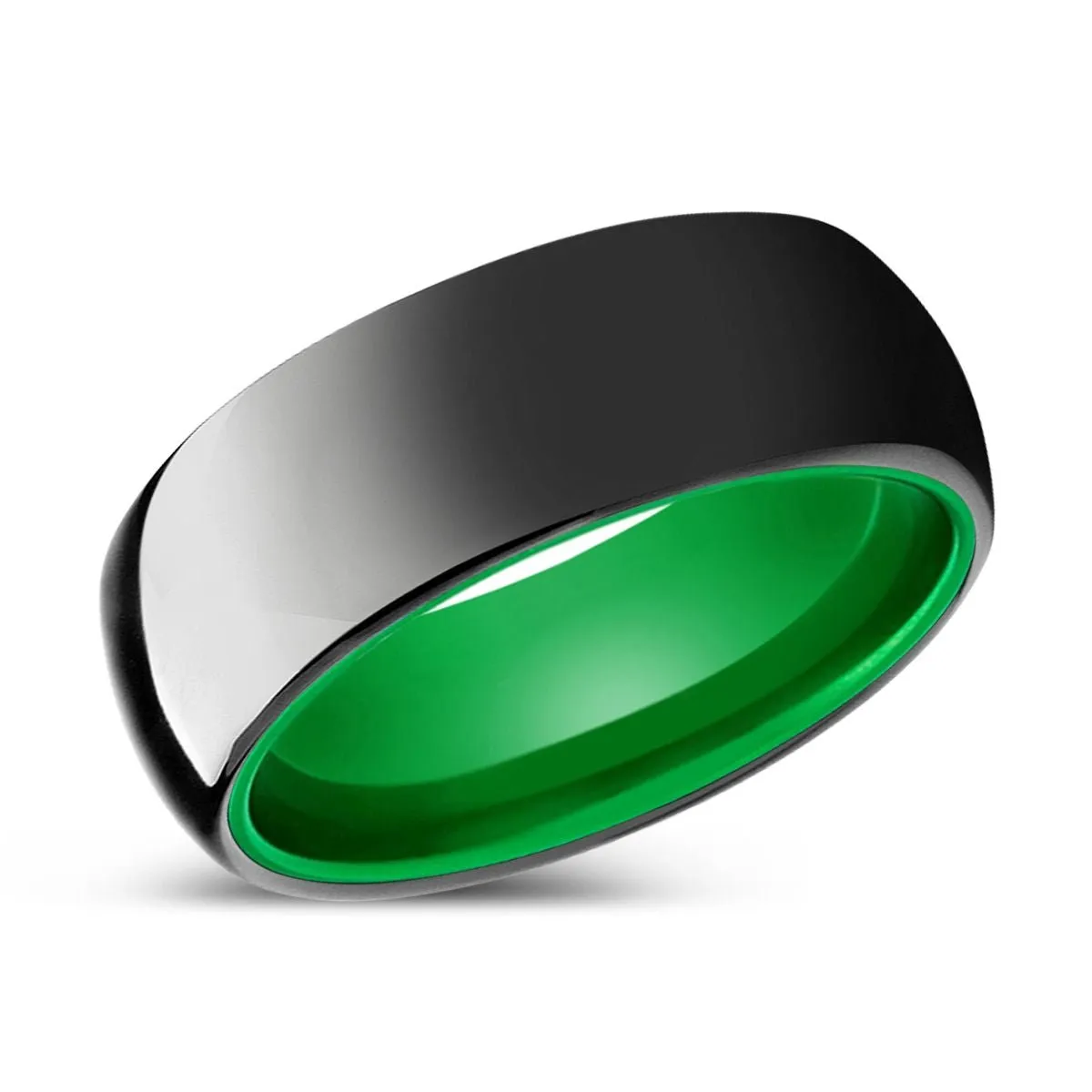 ATOMIC | Green Ring, Black Tungsten Ring, Shiny, Domed