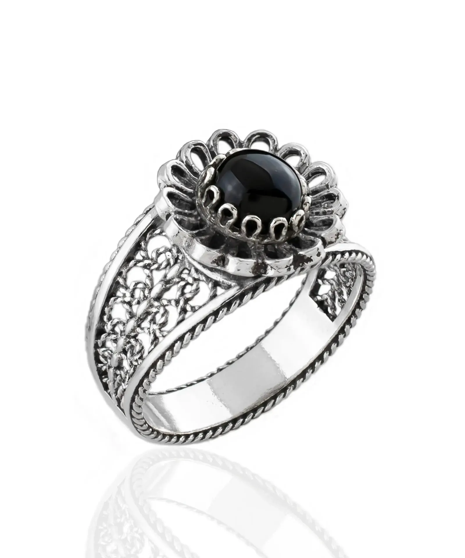 Bee Enchanted: Black Onyx Filigree Bee Silver Cocktail Ring, Perfect Gift Ring, Sophisticated Women's Ring