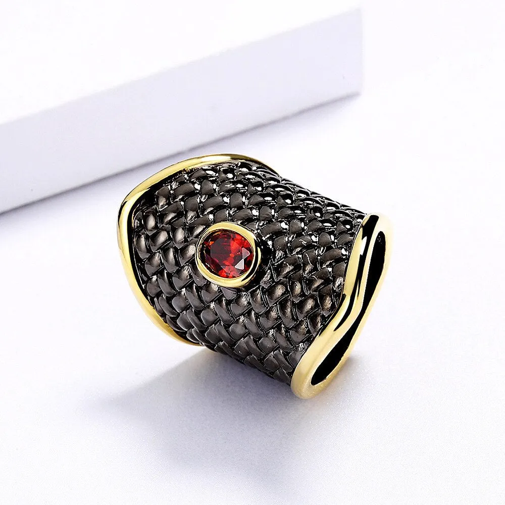 Black Gold Geometric Created Red Garnet Statement Ring