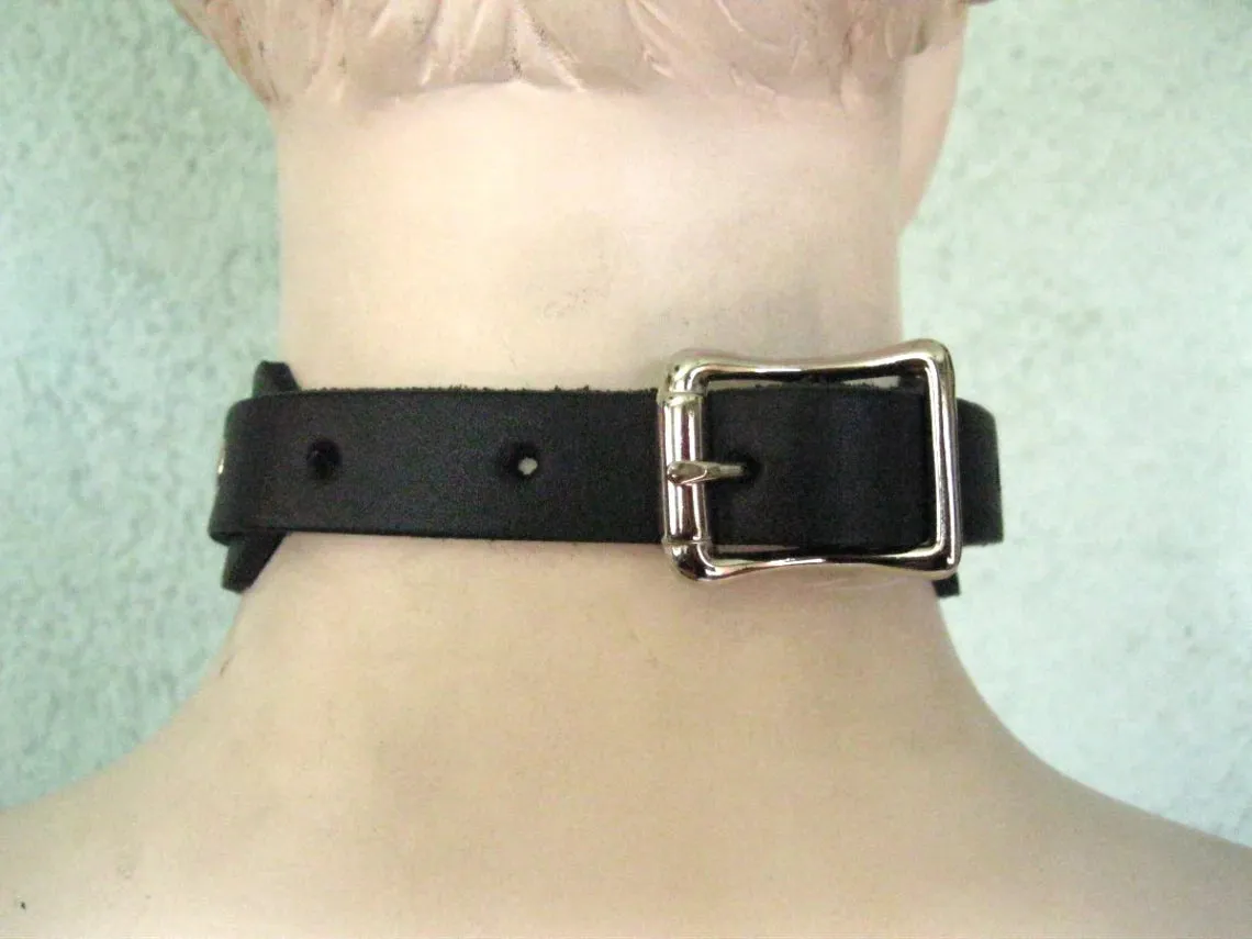 Black Leather Collar w/ Single Silver O Ring and Silver Tree Spikes