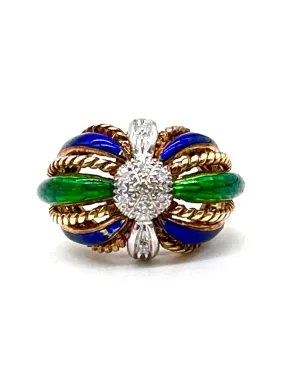 Blue and Green Enamel 18 Karat Dome Ring