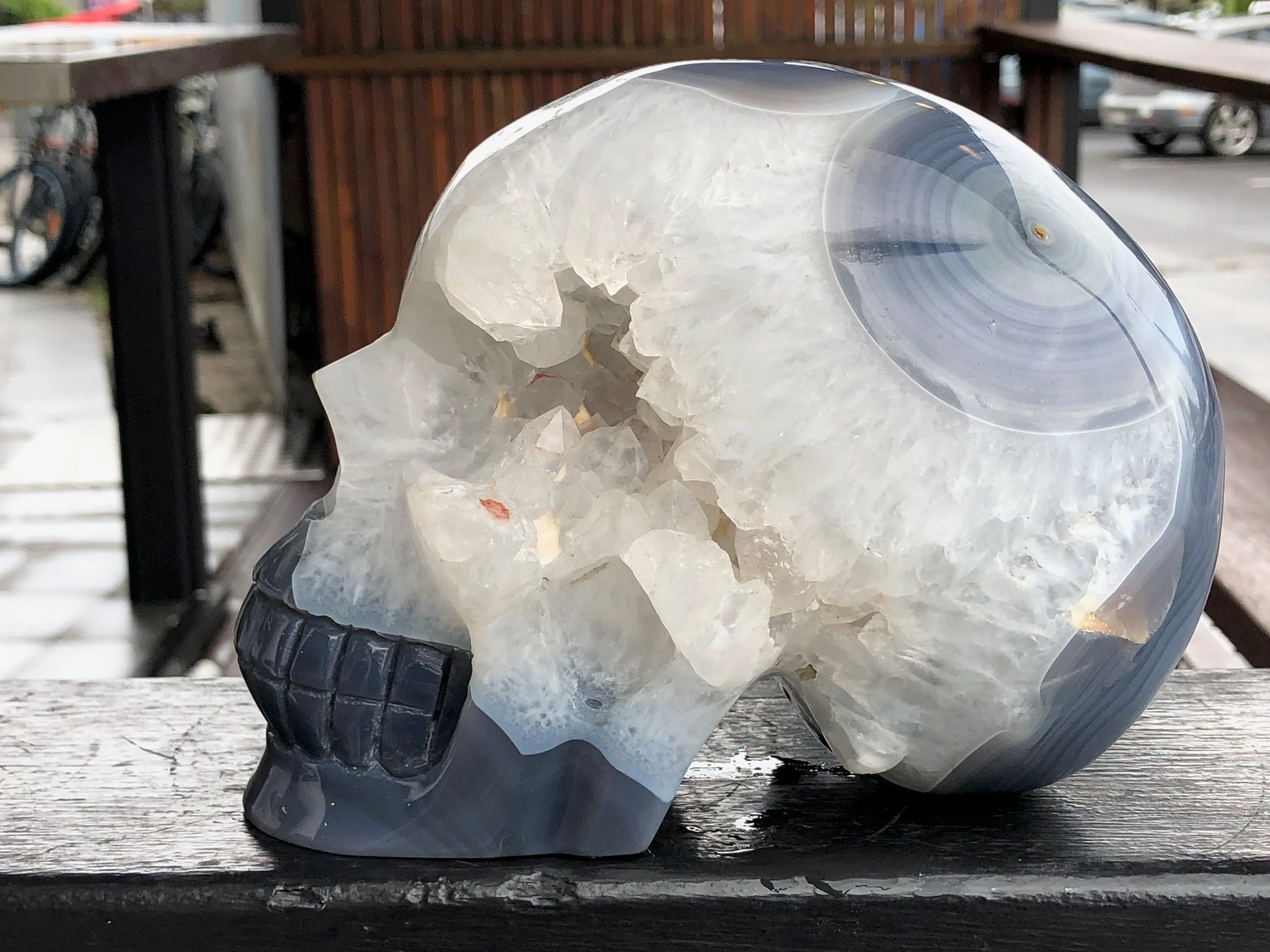 Blue Banded Agate and Quartz Geode Skull [12T76]