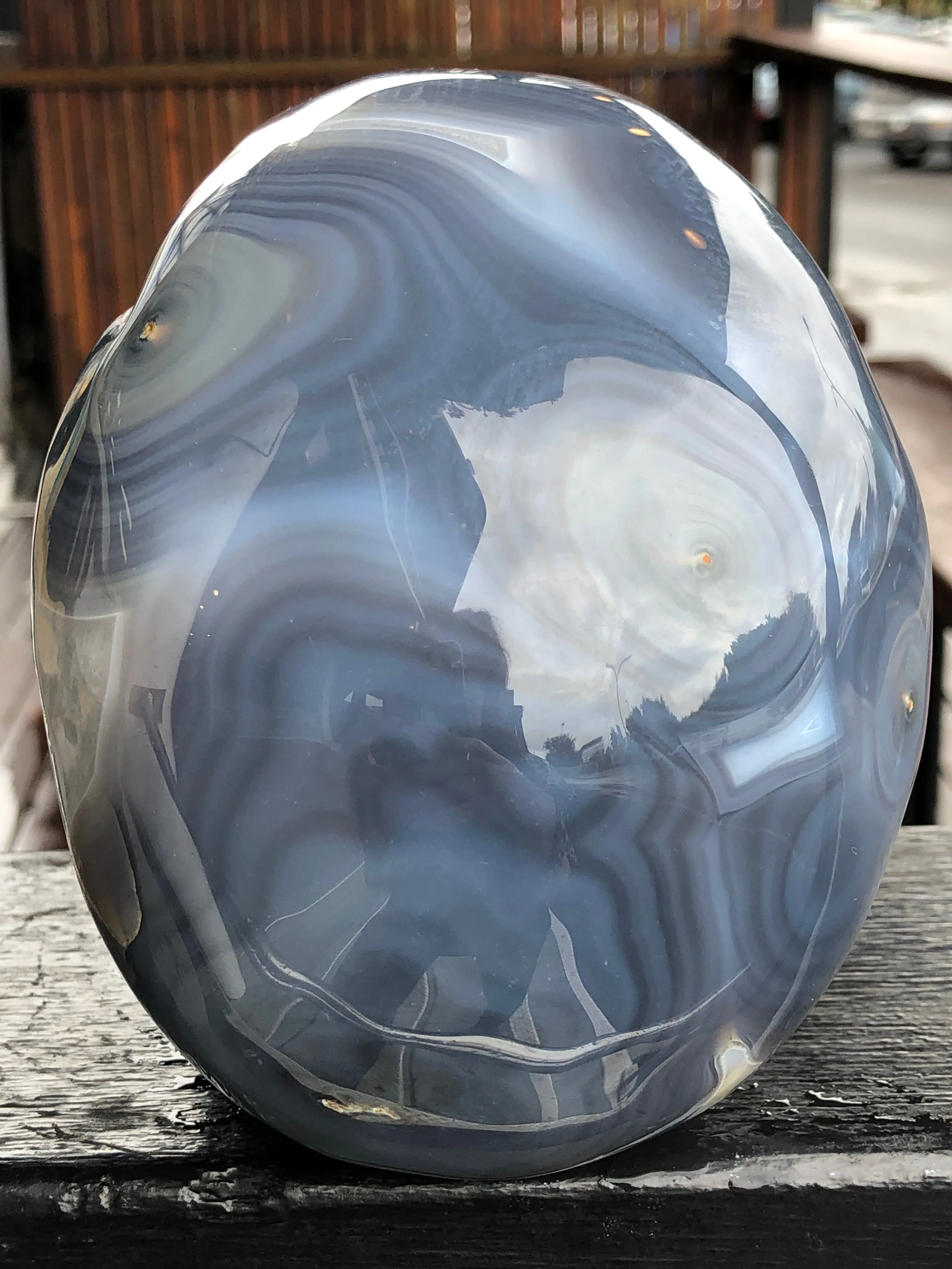 Blue Banded Agate and Quartz Geode Skull [12T76]