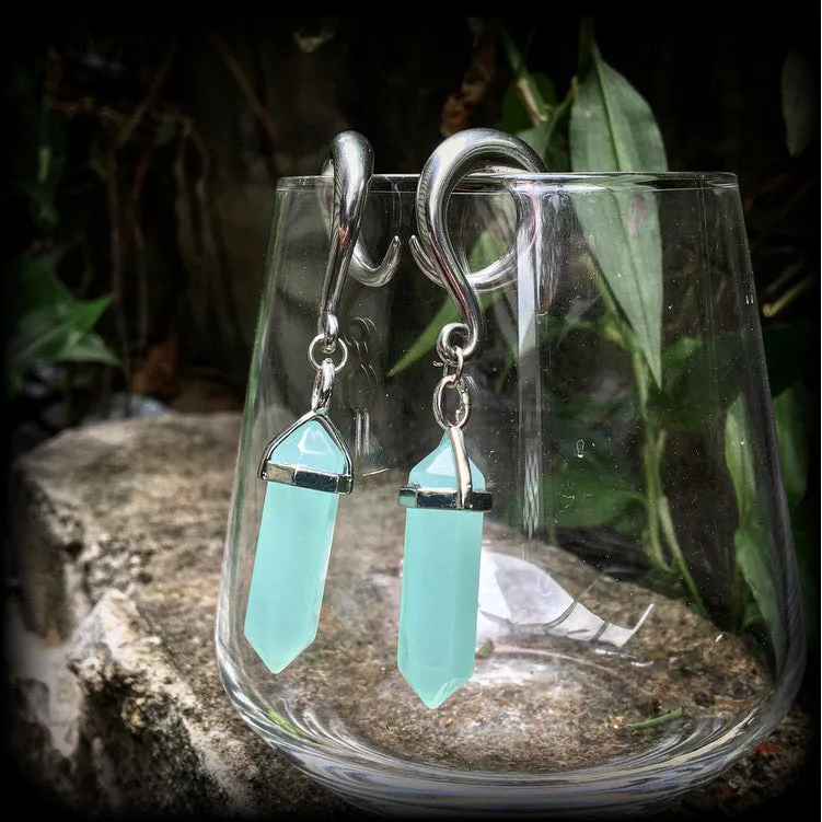 Blue jade gauged earrings-Gemstone ear hangers