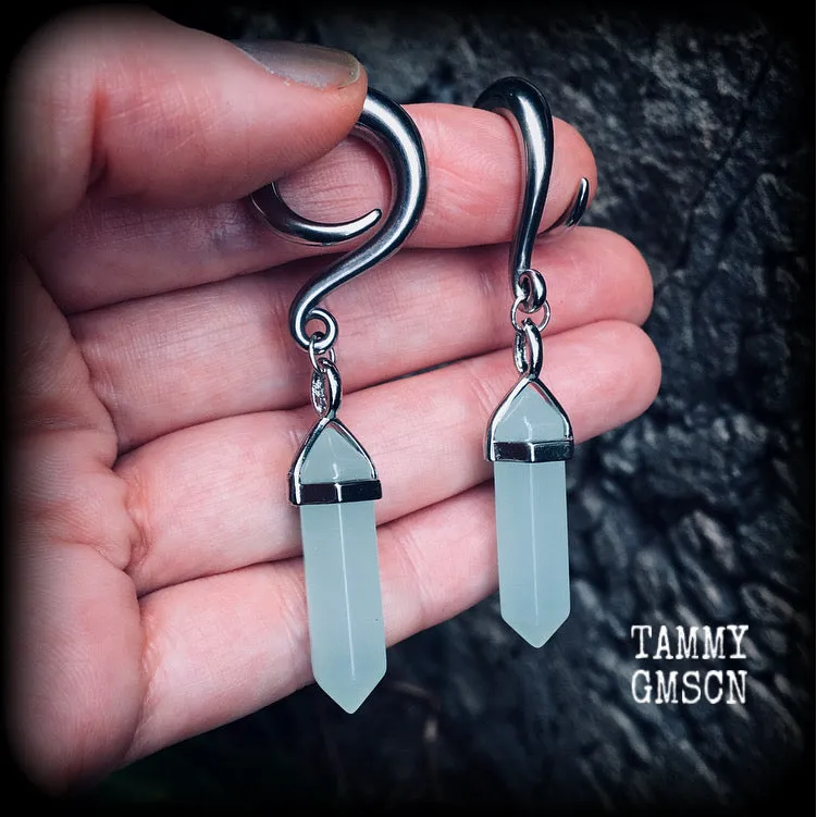 Blue jade gauged earrings-Gemstone ear hangers