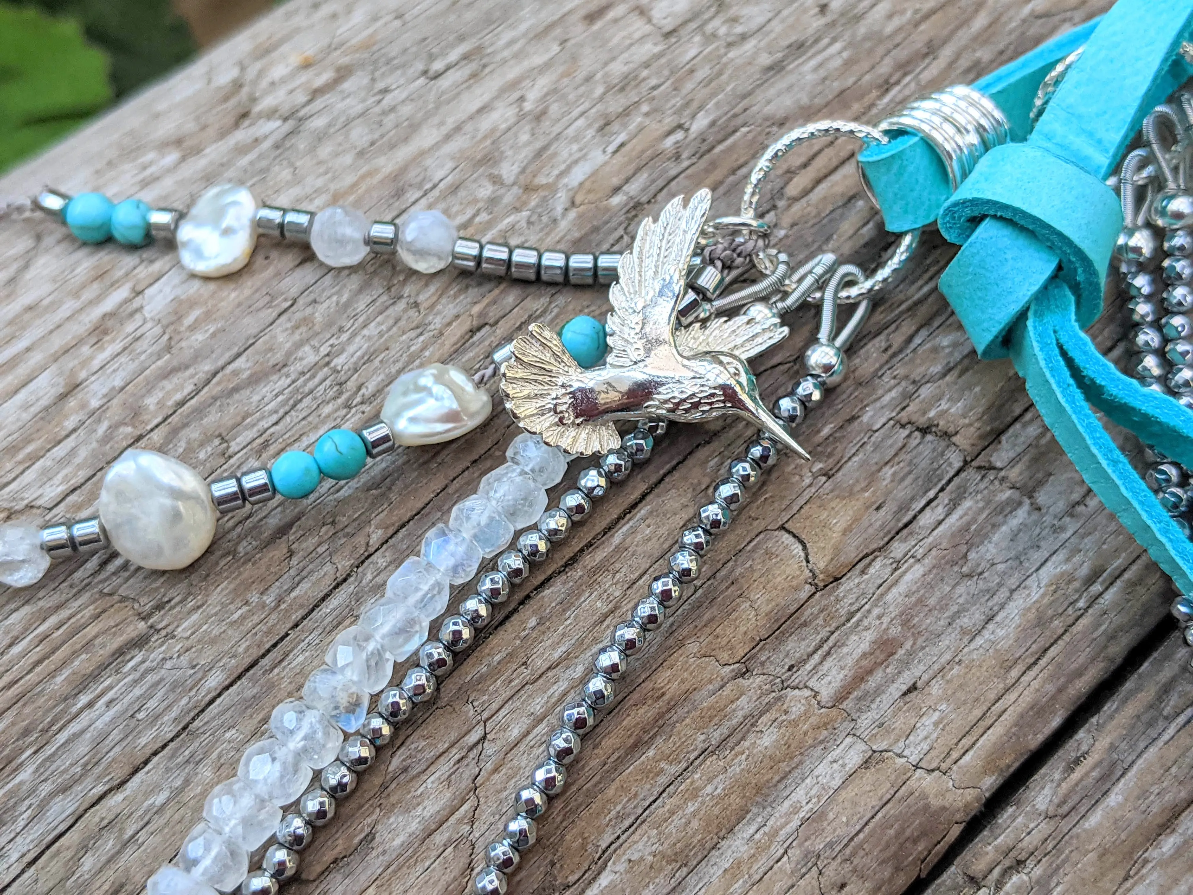 Blue Turquoise & Moonstone, Pearl Boho Necklace