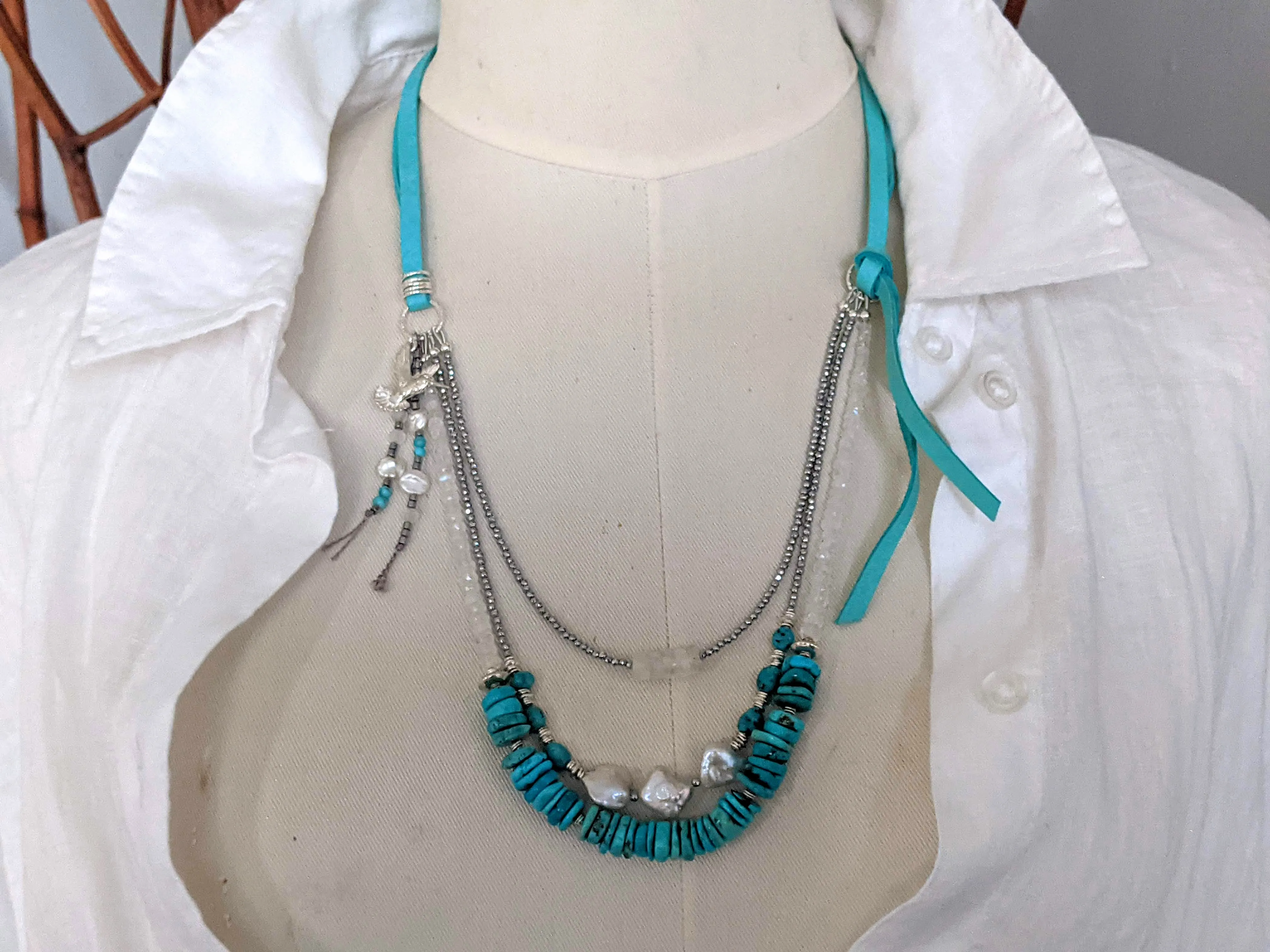 Blue Turquoise & Moonstone, Pearl Boho Necklace