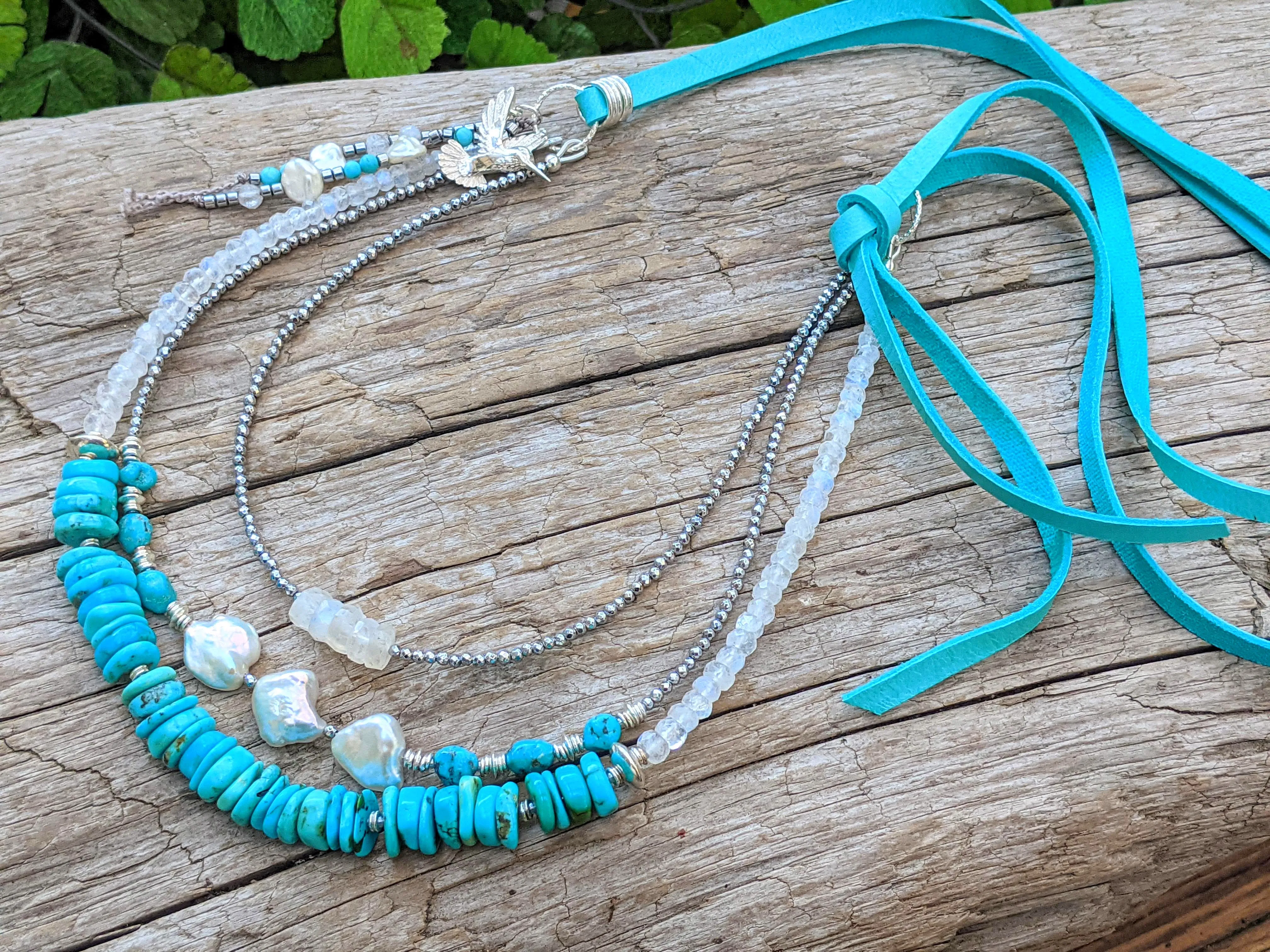 Blue Turquoise & Moonstone, Pearl Boho Necklace