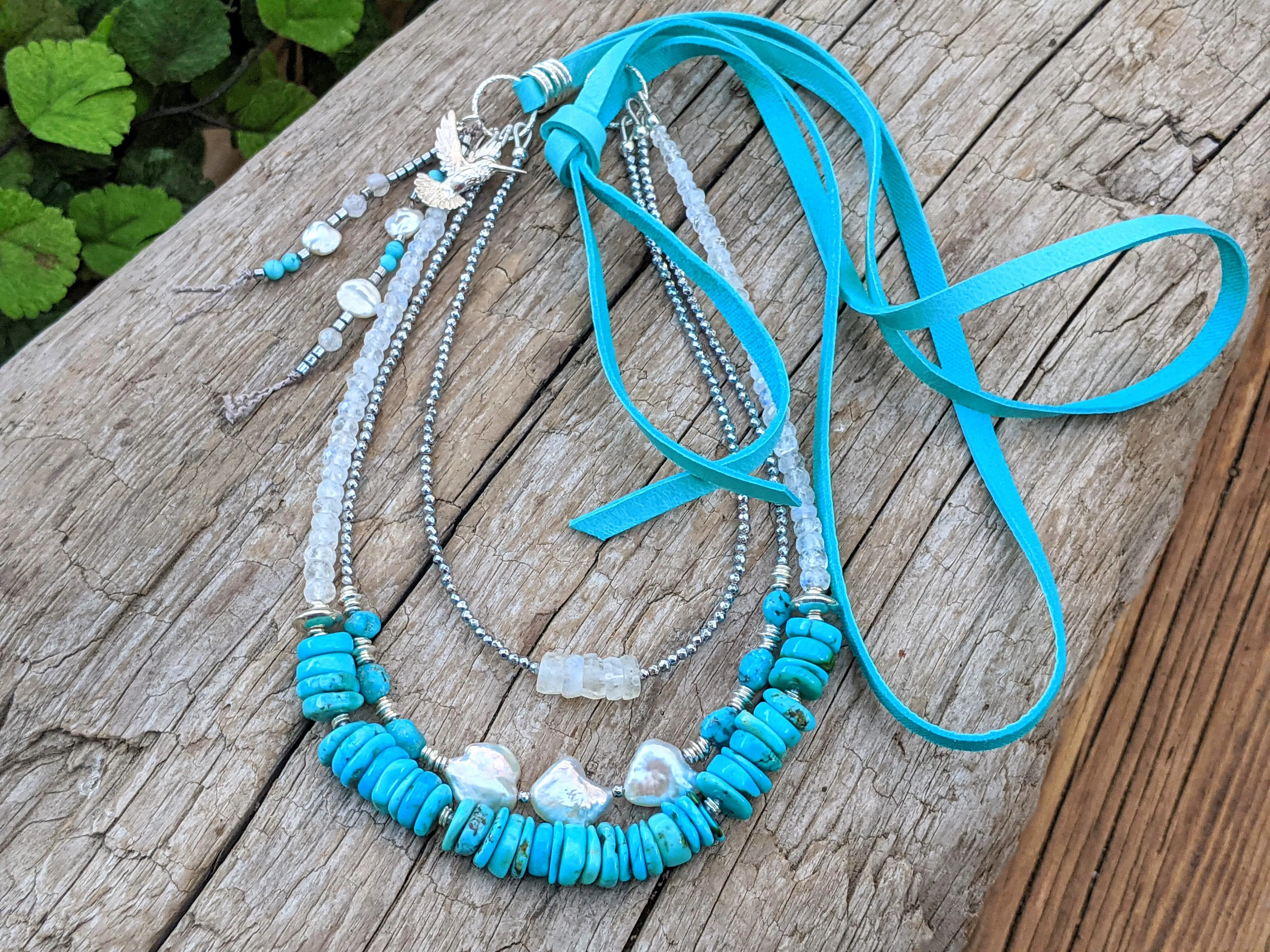 Blue Turquoise & Moonstone, Pearl Boho Necklace