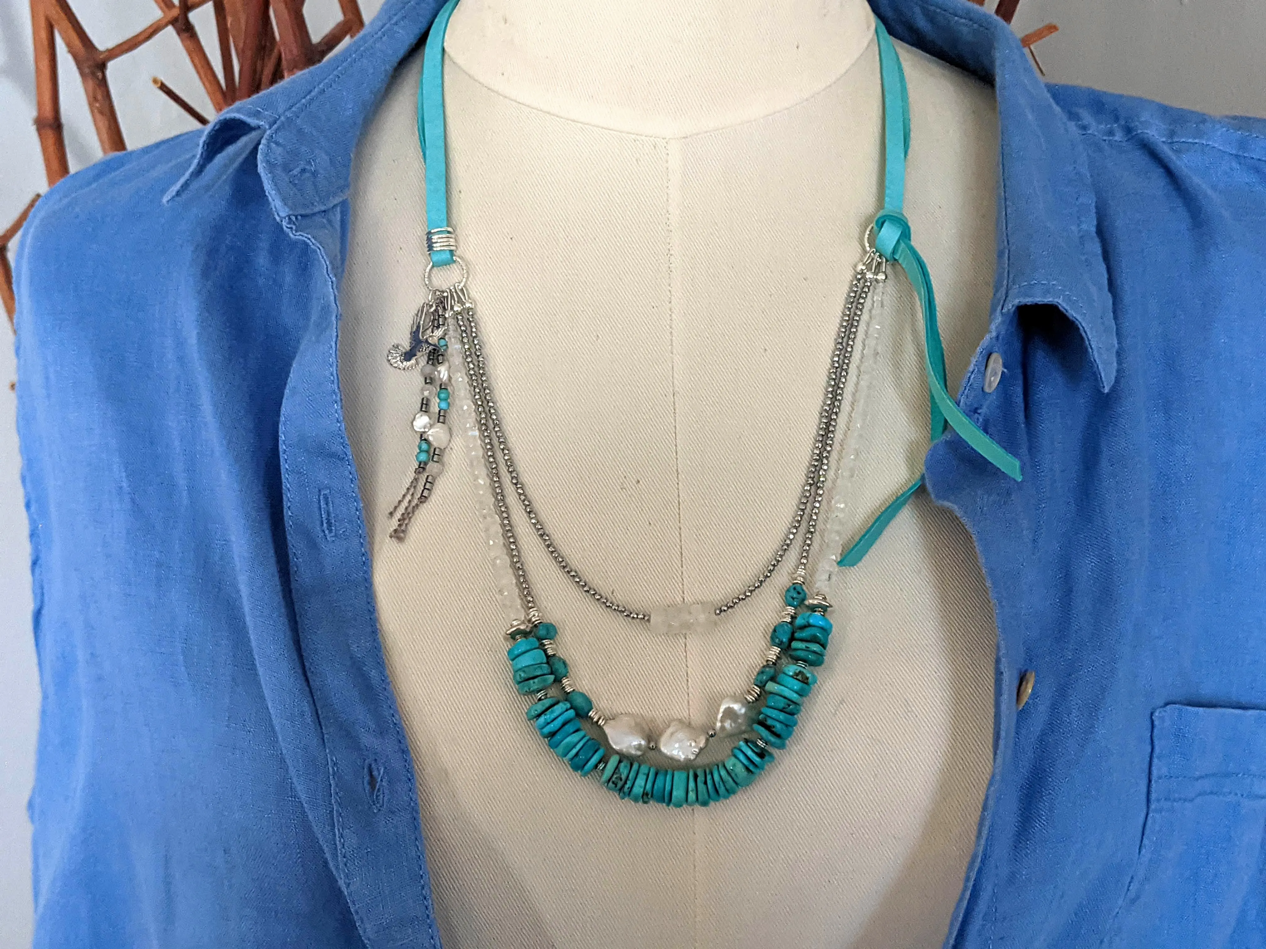 Blue Turquoise & Moonstone, Pearl Boho Necklace