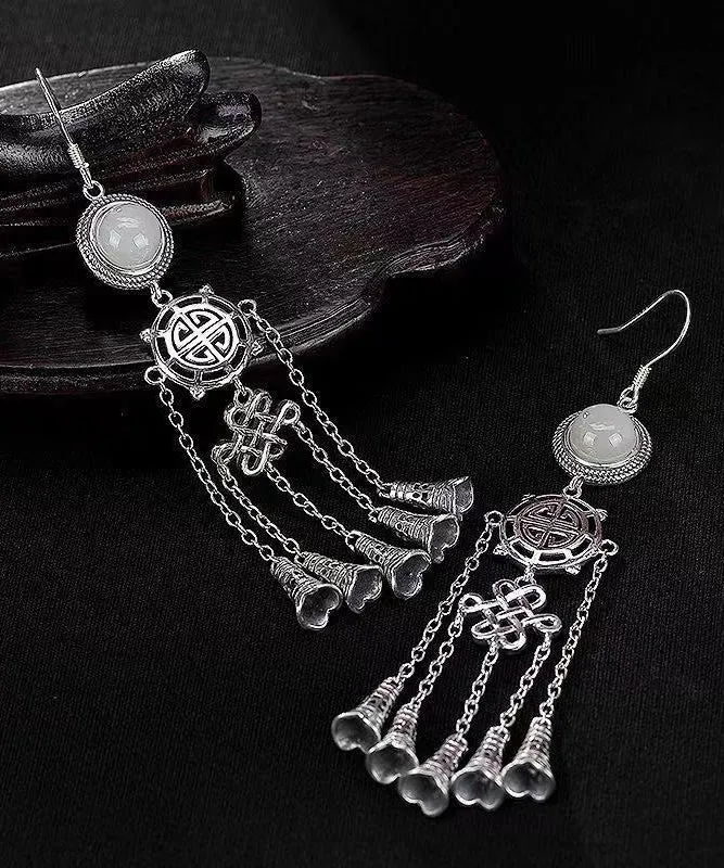 Boho Jade Patchwork Tassel Silver Drop Earrings LY9146