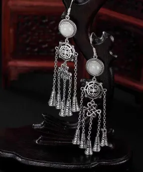 Boho Jade Patchwork Tassel Silver Drop Earrings LY9146