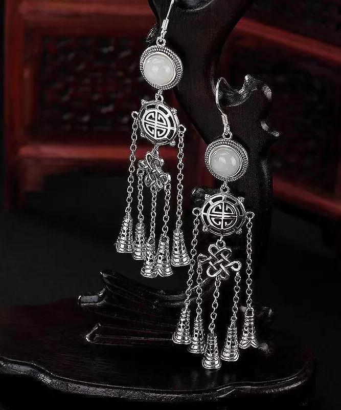 Boho Jade Patchwork Tassel Silver Drop Earrings LY9146