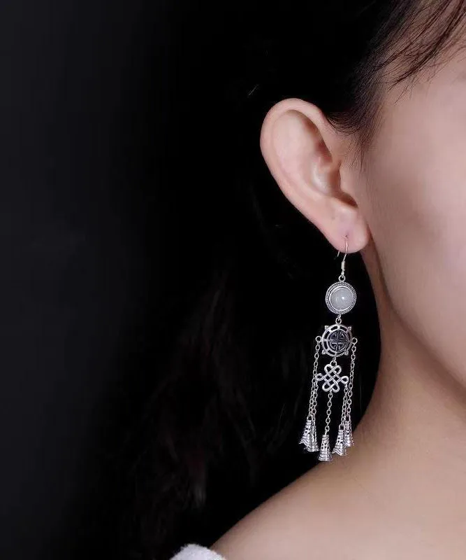 Boho Jade Patchwork Tassel Silver Drop Earrings LY9146